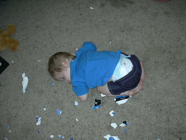 Asleep in his debris field.